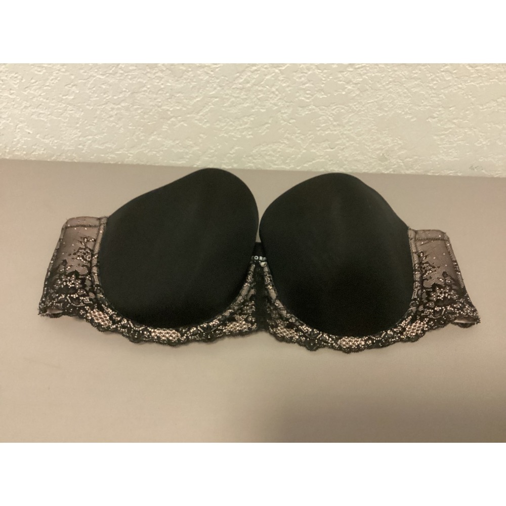 Torrid Strapless Bra Womens 42C Black Lace Trim Rhinestone‎ Padded Underwire